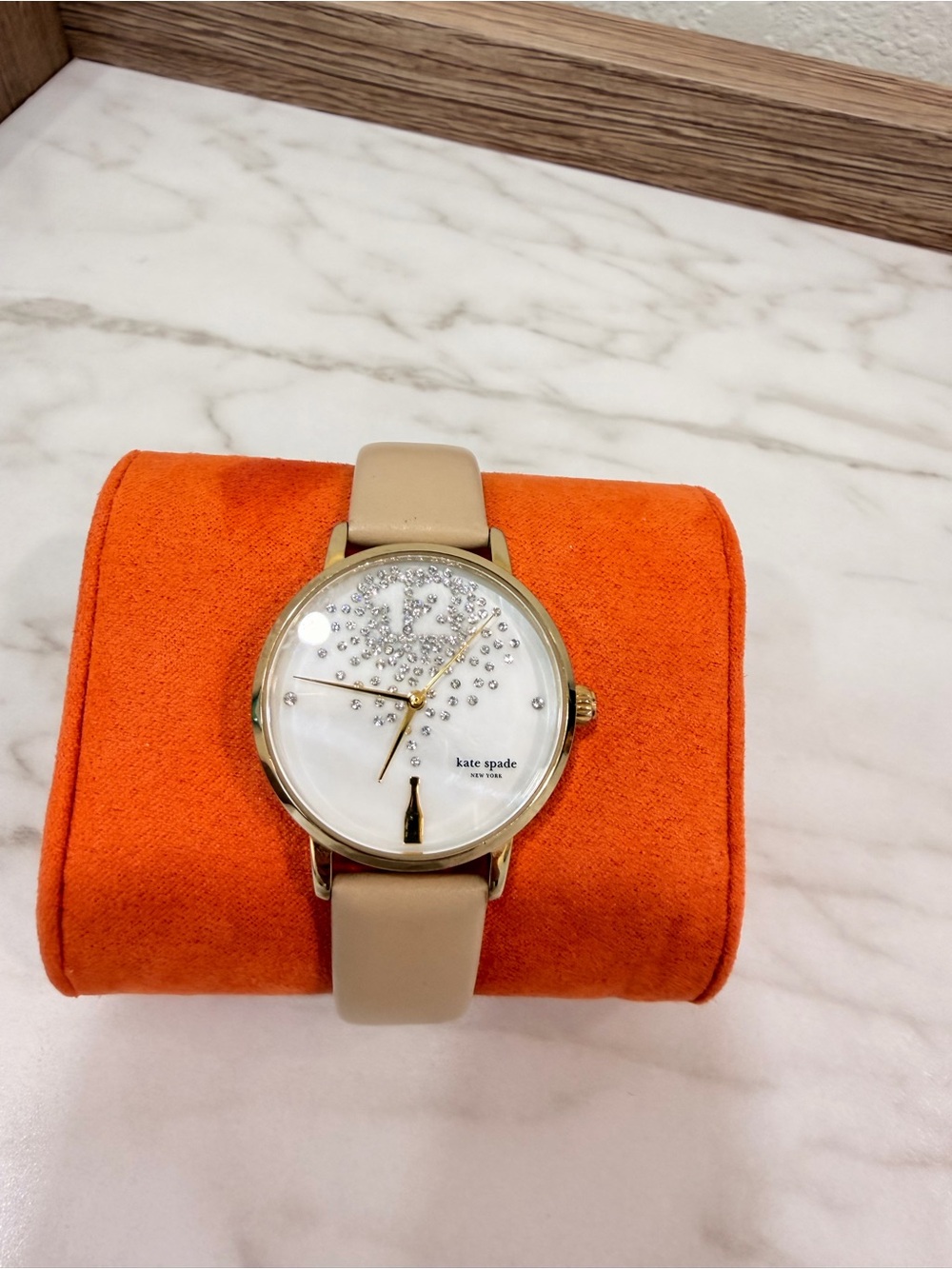 kate spade Beige Leather Crystal-Accent Women's Watch with Gold Case